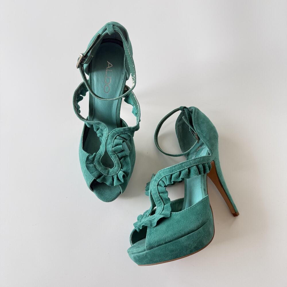 ALDO Heel Shoes Womens Size 7 Green Ruffle Ankle Strap Platform Peep Toe Party